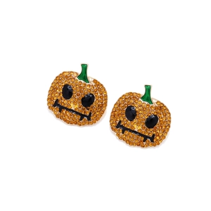 Boucles d'oreilles citrouille d'Halloween avec strass orange et émail vert sur fond blanc