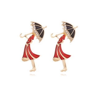 Girl With Umbrella Stud Earrings Alloy Enamel Rhinestone Decorative Fashion Jewelry Accessory For Women
