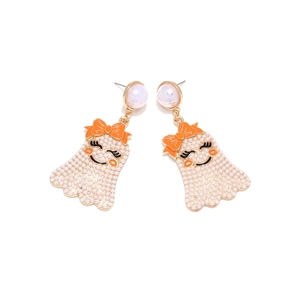 Boucles d'oreilles fantômes avec perles blanches et nœud orange pour Halloween