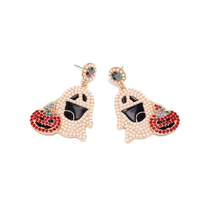 Ghost and pumpkin Halloween earrings with white pearls and colorful rhinestones