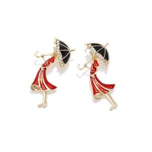 Fashion alloy girl earrings with red umbrella, enamel finish and sparkling crystals