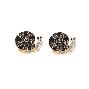 Chic vintage gold snail earrings with black enamel detail and sparkling rhinestones