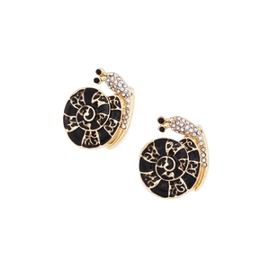 Artistic gold-tone snail earrings with black enamel and sparkling crystal accents