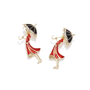Fashionable umbrella girl earrings with gold alloy, red dress, and sparkling rhinestones
