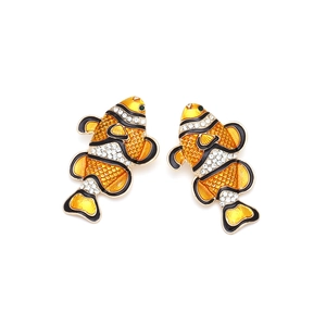 Cute rhinestone clownfish earrings with yellow black enamel tropical fish design