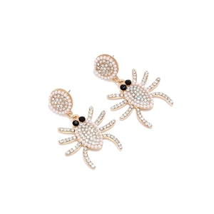 Gothic Halloween spider drop earrings with faux pearls and rhinestones on white background