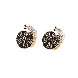 Cute snail stud earrings with black enamel and white crystal pavé in gold alloy