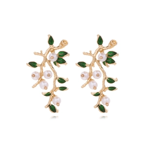 Vintage Branch Leaf Earrings Gold Alloy With Green Enamel And Imitation Artificial Pearl Retro Nature Style For Women