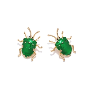 Pair of green enamel beetle stud earrings with gold plating and spotted insect details