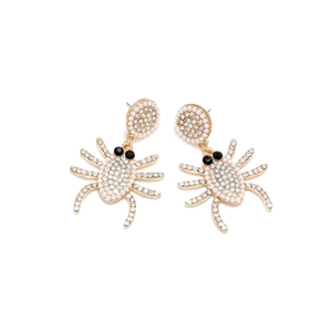 Gothic gold spider earrings with white rhinestones and faux pearls for Halloween