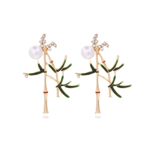 Boucles D'oreilles Feuille De Bambou Style Chinois Alliage Émail Strass Et Fausse Künstliche Perle Bijoux Vintage Femme