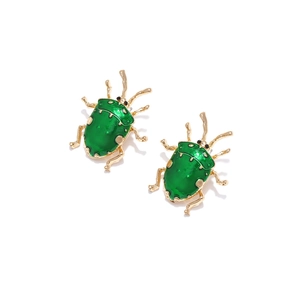 Gold-plated green enamel beetle earrings with vibrant insect-themed animal design