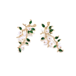 Retro golden tree branch earrings with green enamel leaves and round white pearls