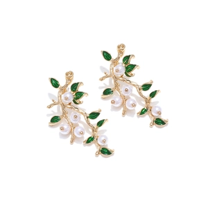 Elegant gold leaf earrings with green enamel and white pearls in a branch design