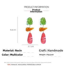 Irregular resin drop earrings size chart 9.8cm length in green orange red colors