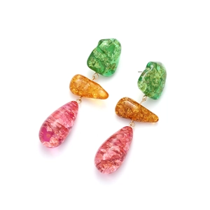 Three-tier colorful geometric resin drop earrings with gold foil inlay and metal hooks