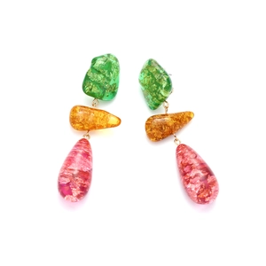 Three-color resin geometric drop earrings with gold leaf flakes and teardrop pendant