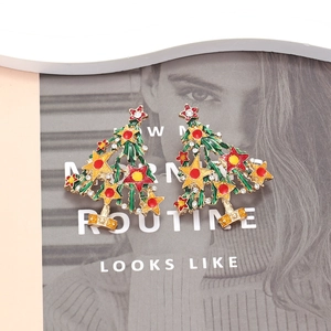 Chic Christmas tree earrings with green enamel, colorful stars and sparkly rhinestones
