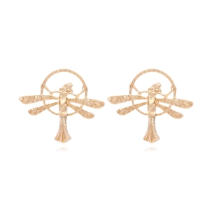 Vintage Golden Alloy Angel Fairy Stud Earrings Baroque Hollow Dragonfly Wings Round Jewelry For Women