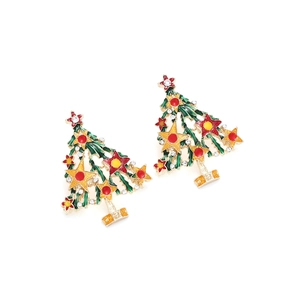 Colorful enamel Christmas tree earrings with sparkling rhinestones on a white background