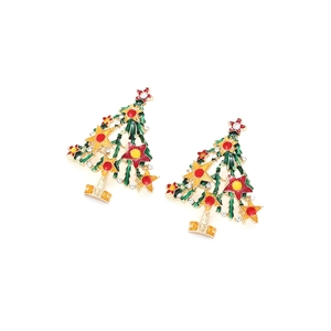 Enamel Christmas tree drop earrings with colorful stars and rhinestones on gold base