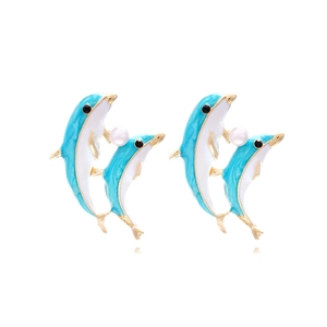 Dolphin Stud Earrings Alloy Enamel Blue White Ocean Animal With Imitation Artificial Pearl Cute Fashion Jewelry For Women