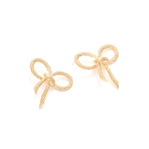 Golden bow stud earrings with twisted rope texture and minimalist knot design for women