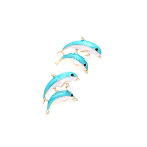 Blue dolphin alloy earrings with gold trim and white pearls on a clean white background