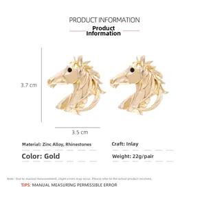 Detailed dimensions of 3.7x3.5cm for gold horse head earrings with rhinestones