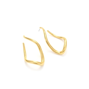 Detailed view of gold irregular wavy hoop earrings with artistic twisted design