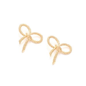 Elegant gold bow earrings with twisted rope texture and retro knot design on white background
