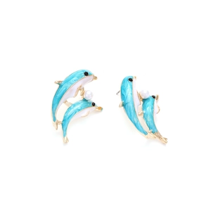 Chic gold alloy dolphin stud earrings with blue enamel finish and white pearl accents