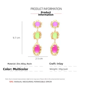 Detailed view showing dimensions and weight of multi-color geometric drop earrings