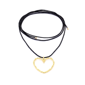 Heart Pendant Necklace Hollow Hammered Alloy Heart Long Wax Rope Chain Adjustable Knotted Cord Jewelry For Women