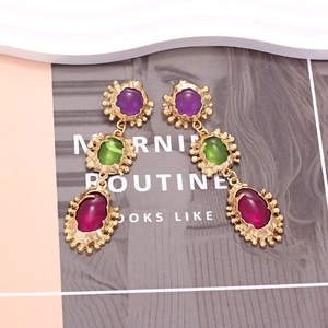 Vintage geometric long drop earrings with purple green and rose red resin gemstones