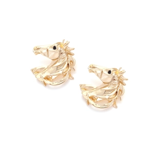Detailed close-up of golden horse head earrings with intricate mane and black gem eyes