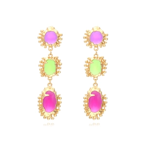 Retro Geometric Zinc Alloy Drop Earrings Three Tiered Colored Resin Imitation Gemstones Long Bohemian Floral Style Women