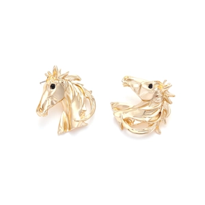 Vintage gold horse head stud earrings with sparkling black stone eyes and relief detail
