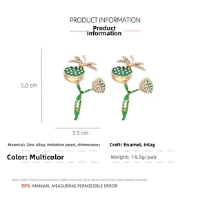 Detailed view of dragonfly lotus earrings with green enamel and sparkling rhinestones