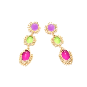 Vintage geometric gold earrings with triple stacked colorful resin drop pendants