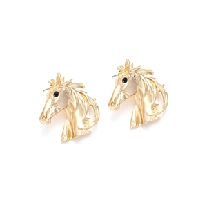 Vintage gold alloy horse head earrings with black rhinestones in a minimalist 3D design