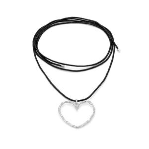 Minimalist silver hollow heart pendant necklace with textured finish and black cord chain