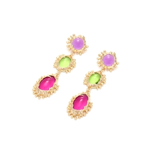 Vintage geometric drop earrings with colorful gemstones and hammered gold metal