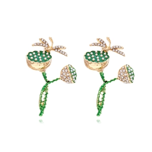 Dragonfly Lotus Pod Dangle Earrings Alloy Enamel Rhinestone Faux Artificial Pearl Vintage Floral Oriental Jewelry Women