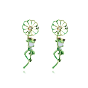 Frog Lotus Flower Dangle Earrings Green Enamel Alloy Rhinestone Cute Animal Jewelry For Women Fashion Accessory