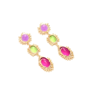 Vintage gold geometric drop earrings with triple colored gemstones and hammered texture