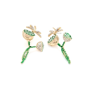 Golden lotus pod and dragonfly earrings with green enamel and sparkling rhinestones