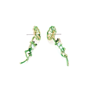 Cute green enamel frog and lily pad stud earrings with white rhinestones on gold base