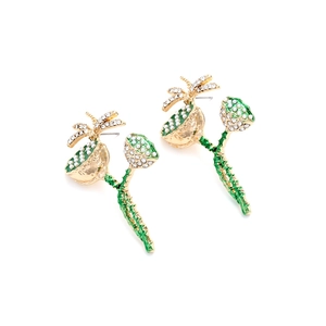 Lotus seed and dragonfly earrings with white crystals and green enamel finish