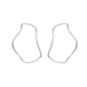 Minimalist irregular geometric silver hoop earrings with a polished wavy liquid metal design